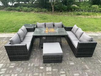 Fimous 10 Seater Rattan Garden Furniture Sofa Set Outdoor Gas Fire Pit Dining Table Gas Heater Burner in Dark Grey
