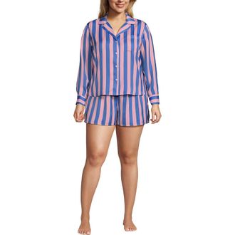 Lands End Plus Size Matte Satin 2 Piece Pajama Set - Long Sleeve Top and Shorts in Light Rose Pink/brisk Blue at Nordstrom, Size 3 X