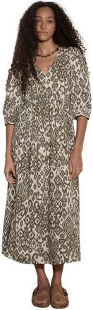 Apricot Ikat V-Neck 3/4 Sleeve Midi Dress in Khaki at Nordstrom, Size Xx-Large