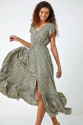 Roman Scribble Print Button Through Maxi Dress