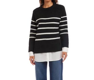 Karen Kane Layered Stripe Crewneck Sweater In Black And White