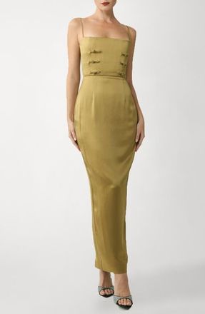 Sau Lee Taylor Knot Detail Satin Column Gown in Golden Olive at Nordstrom, Size 12