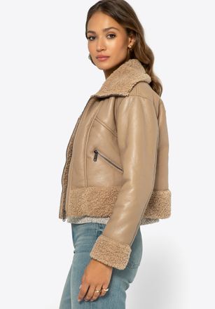 Wittchen Dames korte beige jas met bont, beige eco-leer