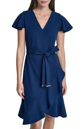 DKNY Short Sleeve Tulip Hem Fit & Flare Dress in Coastal Blue at Nordstrom Rack, Size 14