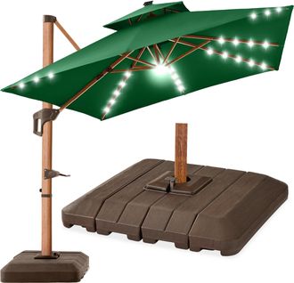 Best Choice Products 10ft Square Woodgrain Pattern 2-Tier Outdoor Solar LED Cantilever Umbrella w/ Base
