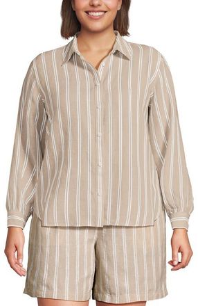 Lands End Plus Size Linen Long Sleeve Feminine Shirt in Champagne/white Double Stripe at Nordstrom, Size 3X