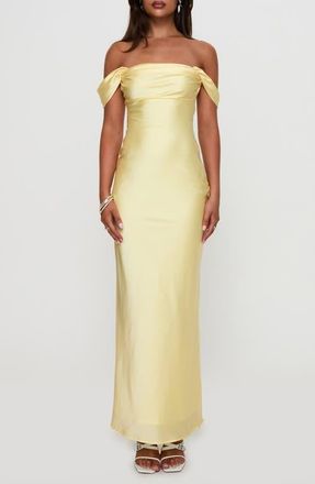 Princess Polly Azura Off the Shoulder Satin Gown in Yellow at Nordstrom, Size 10