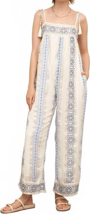 En Cr&egrave;me Embroidered Jumpsuit With Tassel Shoulder Ties And Lurex Det In White Blue