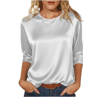 Generic Satin Tops for Women Elegant Going Out Tops Crew Neck 3/4 Sleeve Silk Blouse Ladies Tshirts Shiny Baggy Fashion Tunic Top Casaul Loose Party Business 