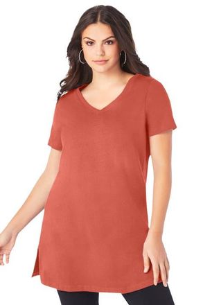 Roaman's Plus Size Ultimate Cotton V-Neck Short Sleeve Tunic in Sunset Coral at Nordstrom, Size Large