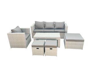 Fimous Rattan Garden Furniture Set 6 Pieces Outdoor Garden Sofa Oblong Coffee Table Set with Chair 3 Footstools Light Grey Mixed
