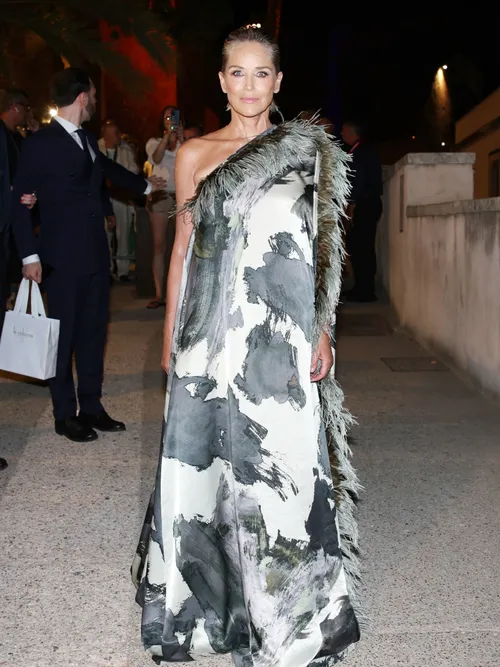 Sharon Stone is seen on stage during the 70th Taormina Film Festival on July 19, 2024 in Taormina, Italy wearing a grey and white abstract print asymmetrical gown.