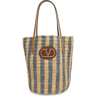 Valentino Garavani VLOGO Signature Crochet Raffia Tote in Natural/Blue at Nordstrom