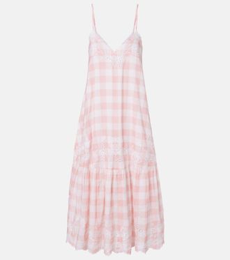 Juliet Dunn Abito midi in cotone a quadri con ricamo
