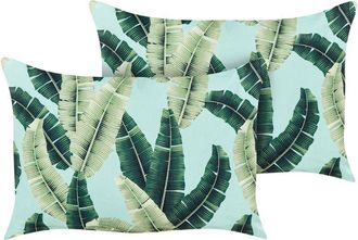 Beliani Conjunto De 2 Cojines De Jard&iacute;n Almohada De Exterior 40 X 60 Cm Poli&eacute;ster Motivo Hojas Verde Boissano