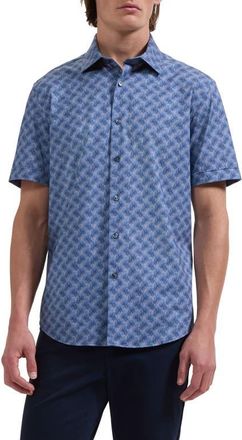 Bugatchi Miles OoohCotton Leaf Print Short Sleeve Button-Up Shirt in Cobalt at Nordstrom, Size Xxx-Large