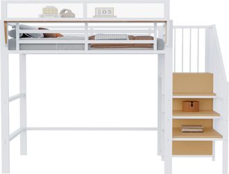 STILVORA Cama Alta Individual Con Escalera De Seguridad Y Estante Ajustable, 90 X 200 Cm, Sin Colch&oacute;n, Blanca