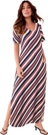 Roaman's Plus Size Stretch Knit Short Sleeve Maxi Dress With Side Slit Detail in Evening Blue Diagonal Stripe at Nordstrom, Size 40