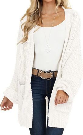 Merokeety Womens 2025 Fall Open Front Chunky Knit Sweater Oversized Lantern Sleeve Cardigan Outwear, Beige, L