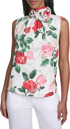 Karl Lagerfeld Rosette Detail Floral Tank in Soft White Multi at Nordstrom, Size X-Large