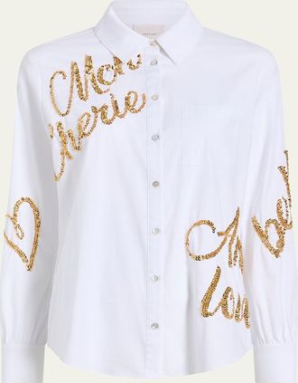 Cinq &agrave; Sept Crushed Sequin Loveletter Blanche Button-Front Shirt