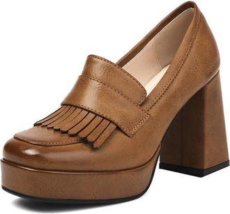 Generic Womens Tassel Platform Loafers High Chunky Block Heels Round Toe PU Leather Upper Comfortable Non-Slip Slip-On Durable Stylish Dress Party Shoes,Kahki