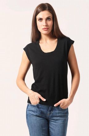 Minnie Rose Supima Scoop Neck Cap Sleeve Top In Black