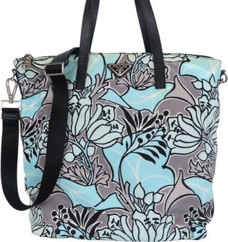 Prada Black Blue Gray Nylon Leather Tote Bag (Pre-Owned)