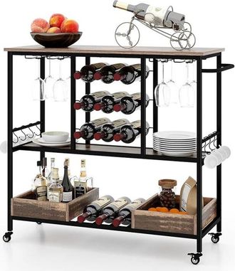 Costway Carrello Bar a 3 Livelli, Carrello Portabevande con Portabicchieri, Portabottiglie, 8 Ganci e 2 Scatole Portaoggetti, Carrello di Vino per Cucina