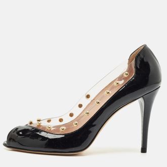 Stuart Weitzman Black Patent Leather And Pvc Studded Peep Toe Pumps