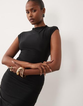 Asos Vestito lungo arricciato nero con maniche ad aletta e allacciatura-Giallo