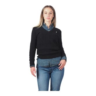 Ralph Lauren Truien & Vesten, Dames, Zwart, M, Wol, Zwarte V-hals Kabelgebreide Trui - S, BLK