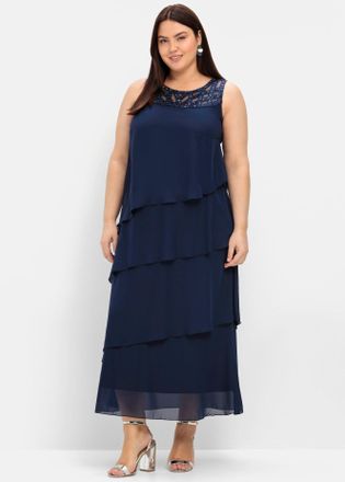 Sheego Abendkleid SHEEGO Abendkleid, Damen, Gr. 52, Normalgr&ouml;ssen, blau (marine), 100% Polyester, unifarben, lang, Rundhals, Kleider Abendkleid