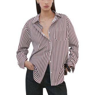 Mango Stripe Cotton Blend Button-Up Shirt in Ecru at Nordstrom, Size 8