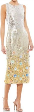 Mac Duggal Floral Skirt Sequin Dress In Silver/multi