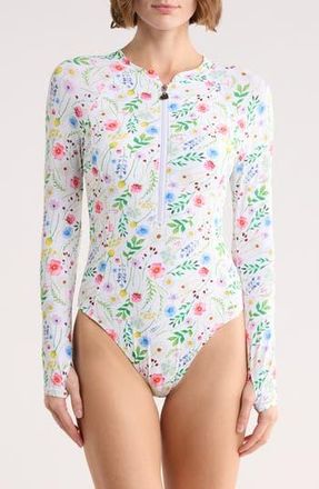 Betsey Johnson Long Sleeve One-Piece Scuba Zip Up Swimsuit in Blossom at Nordstrom Rack, Size X-Large