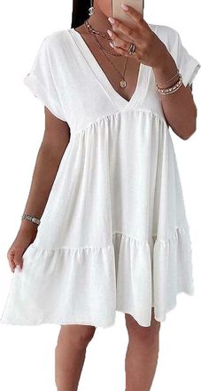 Generic AA Essentianls Womens Smock Pleated Ruffle Mini Dress - Ladies Short Sleeve Summer Swing Flowy Sundresses Casual V-Neck Loose Fit Frill Layered Tunic 