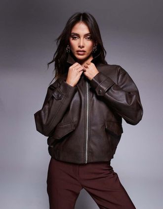 River Island distressed bomber jacket in dark brown