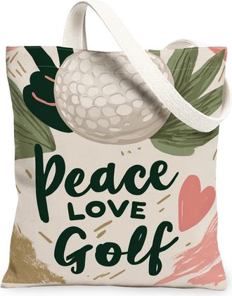 Generic Peace Love Golf Canvas Tote Bags, Stylish Golf Ball Floral Design Reusable Grocery Bags, Summer Lightweight Washable Should, Beige, 13x15 Inch