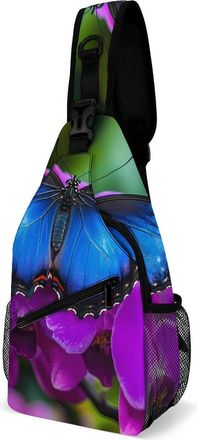 Generic Blue Butterfly on Flower Mens Print Crossbody Large Sling Backpack Casual Chest Bag Gift for Traveling Hiking Workout