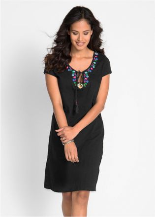 Bonprix Jerseykleid BONPRIX, Damen, Gr. 32/34 (XS), N-Gr, schwarz (schwarz gebl&uuml;mt), Jersey, Obermaterial: 100% Baumwolle, bestickt, schmal knielang, Rundhals