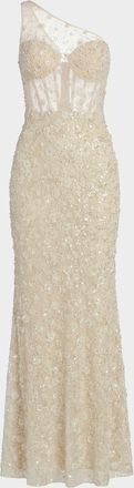 Mac Duggal Sequined Floral Mesh One-Shoulder Trumpet Gown