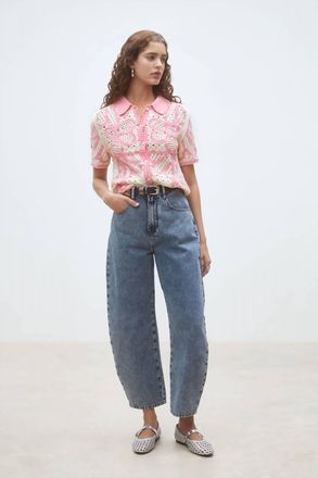 Suncoo Gavrili Crochet Two Tone Short Sleeve Polo In Rose