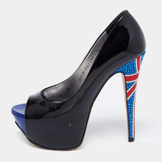 Gina Black Patent Leather Crystal Embellished Peep Toe Platform Pumps