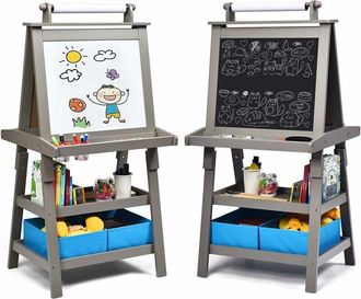 Costway Costway - 3 in 1 Cavalletto per Bambini con Doppia Faccia, Cavalletto per Disegno con 2 Vassoi e 2 Scatole, Lavagna Bambini in Legno (Grigio)