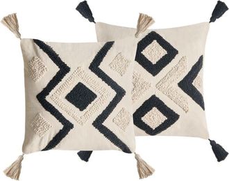 Beliani Conjunto De 2 Cojines Decorativos De Algod&oacute;n Con Borlas 45 X 45 Cm Beige/negro Saraca