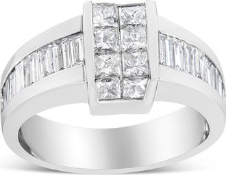 House of Brilliance 14K White Gold 2 3/4 Cttw Invisible-Set Princess and Channel-Set Baguette Diamond Step Up Cocktail Ring
