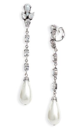Saint Laurent Pendant Rhinestone & Faux Pearl Clip-On Earrings in Creme/crystal/oxidized Silver at Nordstrom
