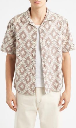 Wax London Didcot Diamond Lace Inset Button-Up Camp Shirt in Taupe /Ecru at Nordstrom, Size Xx-Large