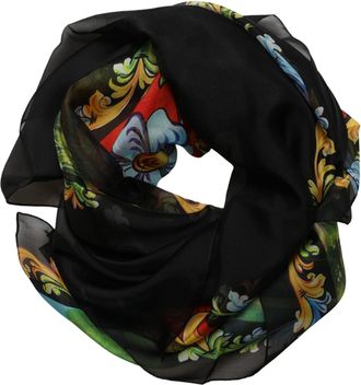 Dolce & Gabbana Dark Gray Silk Scenery Print Foulard Womens Scarf